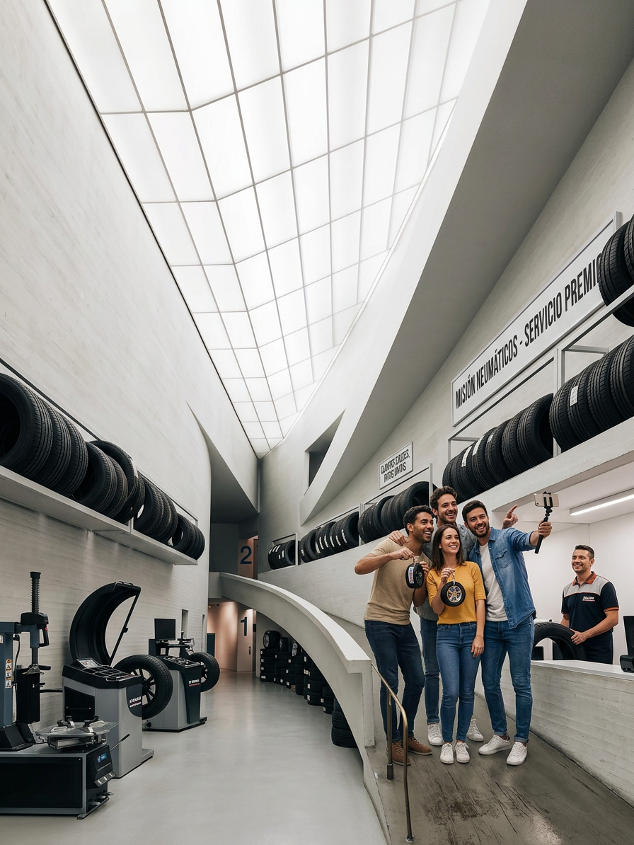 Four people taking a selfie in a modern tire shop surrounded by tires and equipment